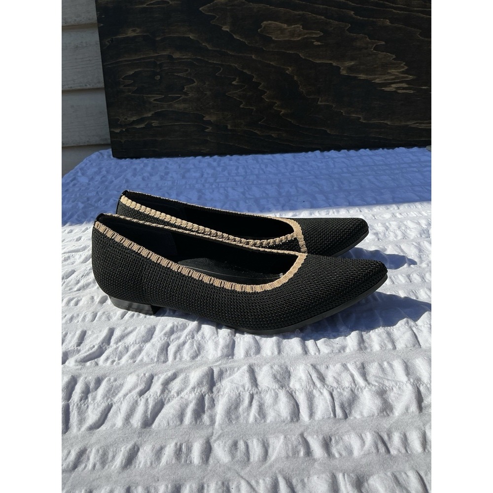 $110 Vionic Flats Size 7‎ Dahlia Knit Black Tan Pointed Toe Comfort Shoes